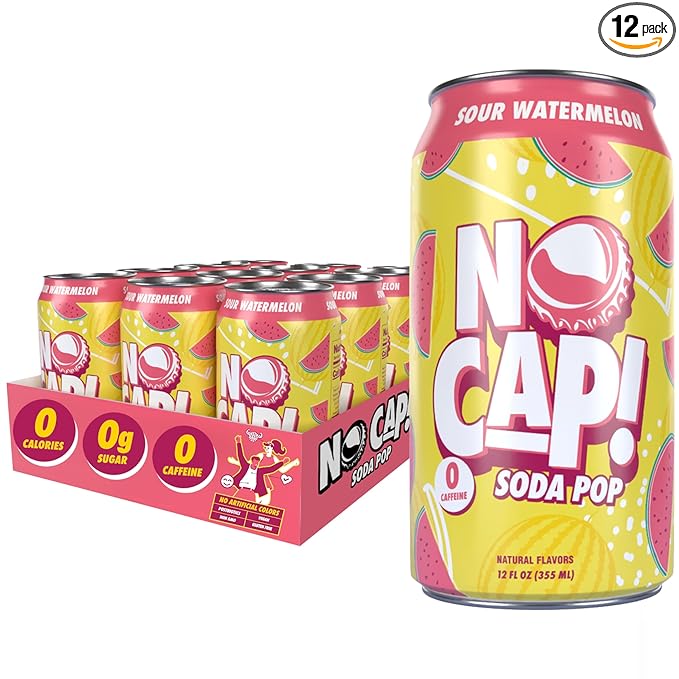 No Cap! Sour Watermelon, Postbiotic Soda, Healthy Soda Alternative, Zero Sugar, Zero Calorie, Caffeine Free, Vegan, Gluten Free, Postbiotics for Gut Health, 12 Oz Cans, 12 Pack
