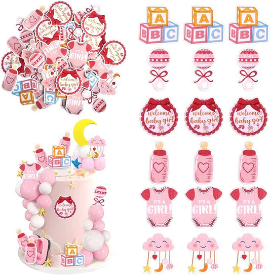 60 PCS Edible Oh Baby Cupcake Toppers Pacifier Cloud Moon Star Welcome Baby Girl Cupcake Picks Edible Baby Shower It's a Girl Cake Decorations for Baby Shower Girls Birthday Party Supplies Pink