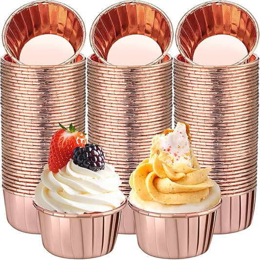 300 Pack Rose Gold Cupcake Liners Bulk Disposable Foil Muffin Cups 3.5 oz Wrappers for Baking Aluminum Paper Mini Metallic Disposable Holiday Party Wedding Festival Supply