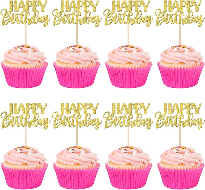 30 PCS Happy Birthday Cupcake Toppers Glitter Happy Birthday Cupcake Picks for Celebrating Anniversary Theme Party Cake Decorations Supplies Gold