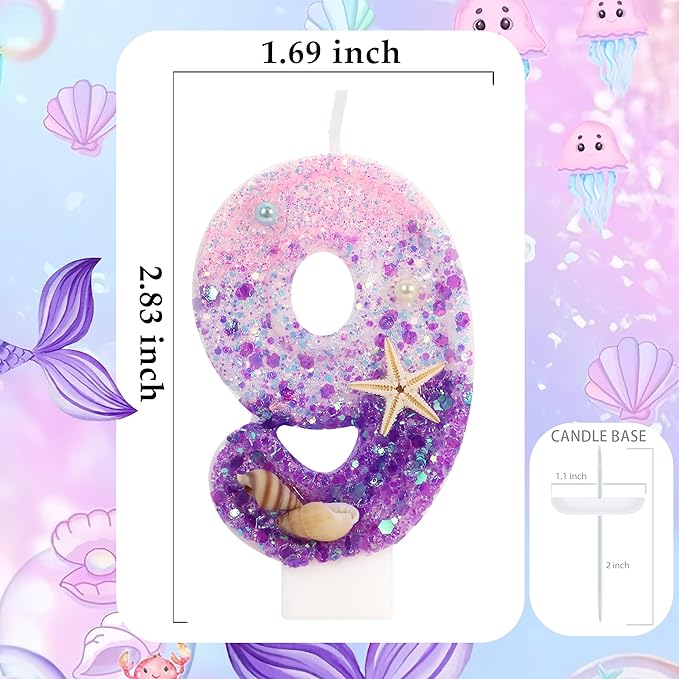Purple Mermaid Party Number 9 Cake Candles, 2.76 inch Birthday Candle, Cake Topper Decoration for Birthday Party (Number 9)