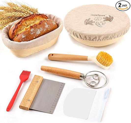Sourdough Bread Proofing Basket Kit,9" Round and 10" Oval Banneton Basket with Liners & Covers,Bread Baking Supplies with Bread Lame, Dough Whisk, Brush,Bowl Scraper,Brush and Scraper