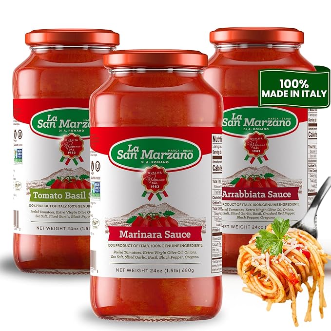 La San Marzano Variety Pack, Tomato Basil, Arrabiata, Marinara Sauce, 24 oz, Pasta Sauce Made in Italy, All Purpose Tomato Premium Quality, All Natural, Mediterranean Diet, Non GMO, Vegan, Gluten Free