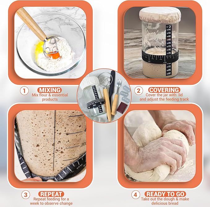 Sourdough Starter Kit with Tools - Bread Lame, Dough Scraper, 24 oz Glass Jar & Covers - Artisan Bread Making Supplies
