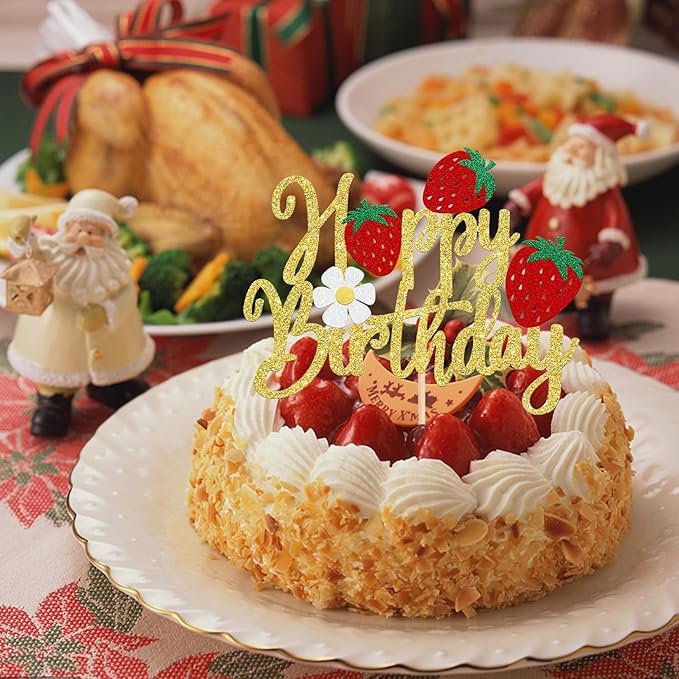 1 Pack Happy Birthday Cake Topper Glitter Strawberry Cake Pick for Fruit Theme Baby Shower Kids Birthday Party Strawberry Fruit Party Cake Decorations Supplies Gold