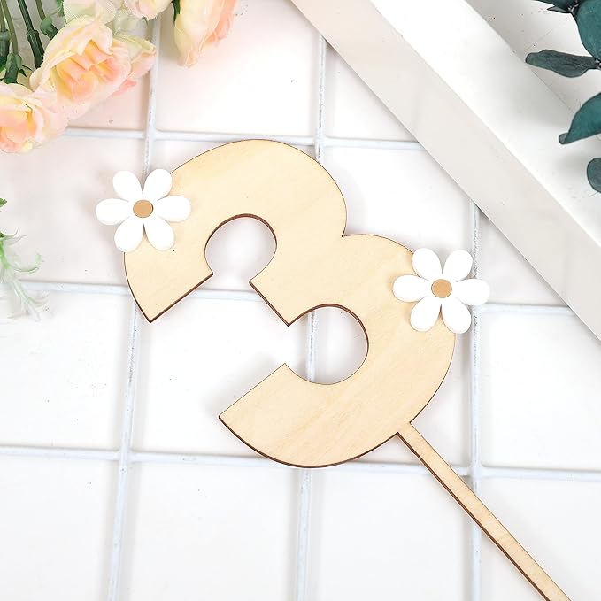 Wooden Daisy Cake Topper - 3rd Birthday & Anniversary Decor, Retro Groovy & Boho Style, Wooden Cake Decorating Supplies