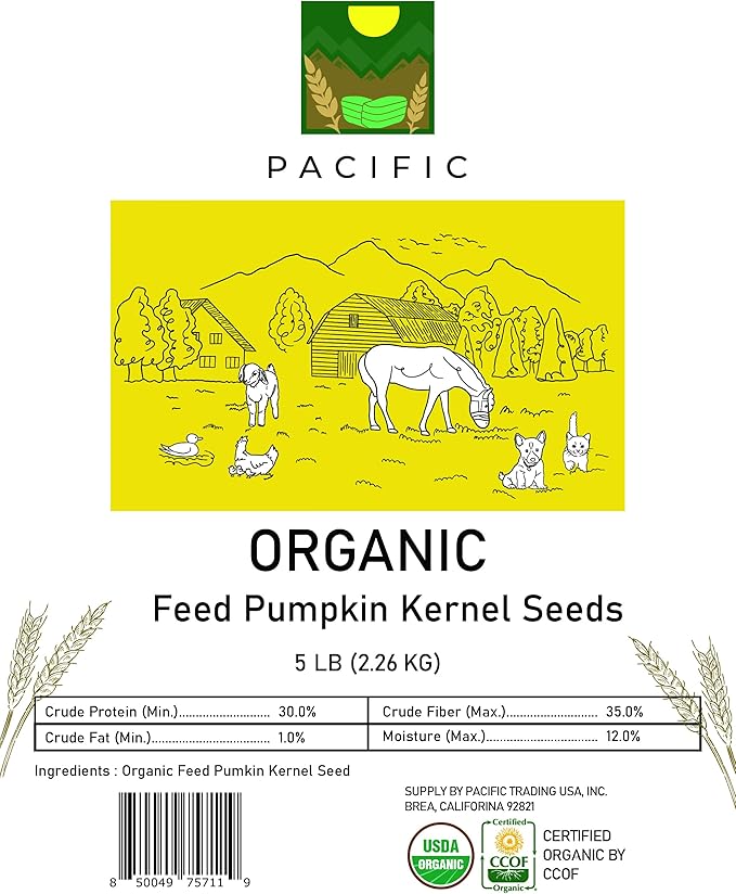 PACIFIC Organic Petfood Organic Feed Pumpkin Kernel Seeds - Organic Pumpkin Seeds for Dogs | Rich with Fiber & Minerals | USDA and CCOF Certified | Packed in USA - 5Lbs