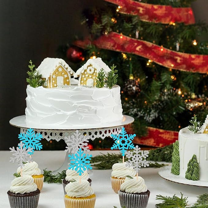 24 PCS Snowflake Cupcake Toppers Glitter Frozen Snowflake Cupcake Picks Winter Wonderland Cake Decorations for Winter Frozen Theme Baby Shower Kids Birthday Christmas Party Supplies Silver Blue