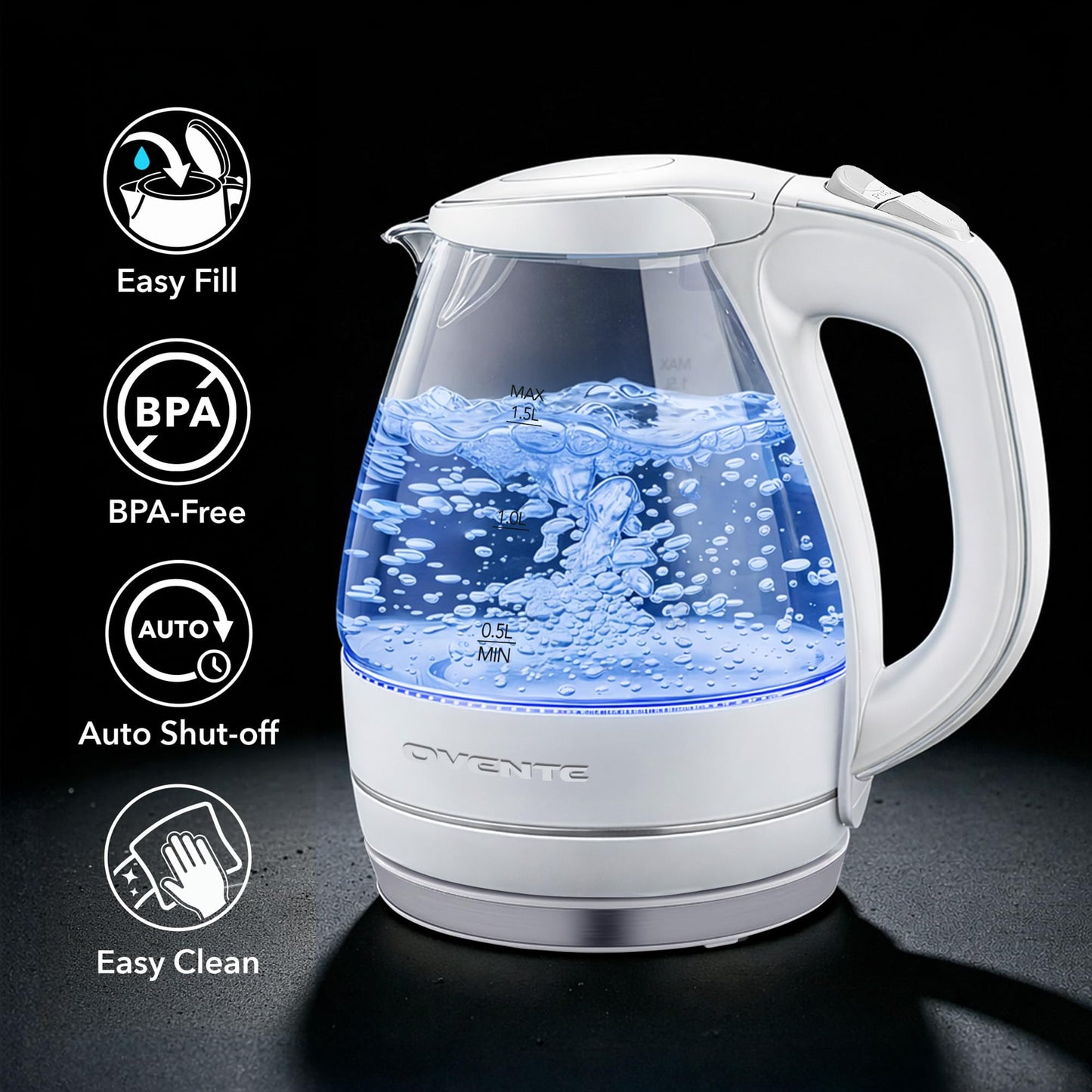 OVENTE 1.5L Glass Electric Kettle Water Boiler, White KG83W