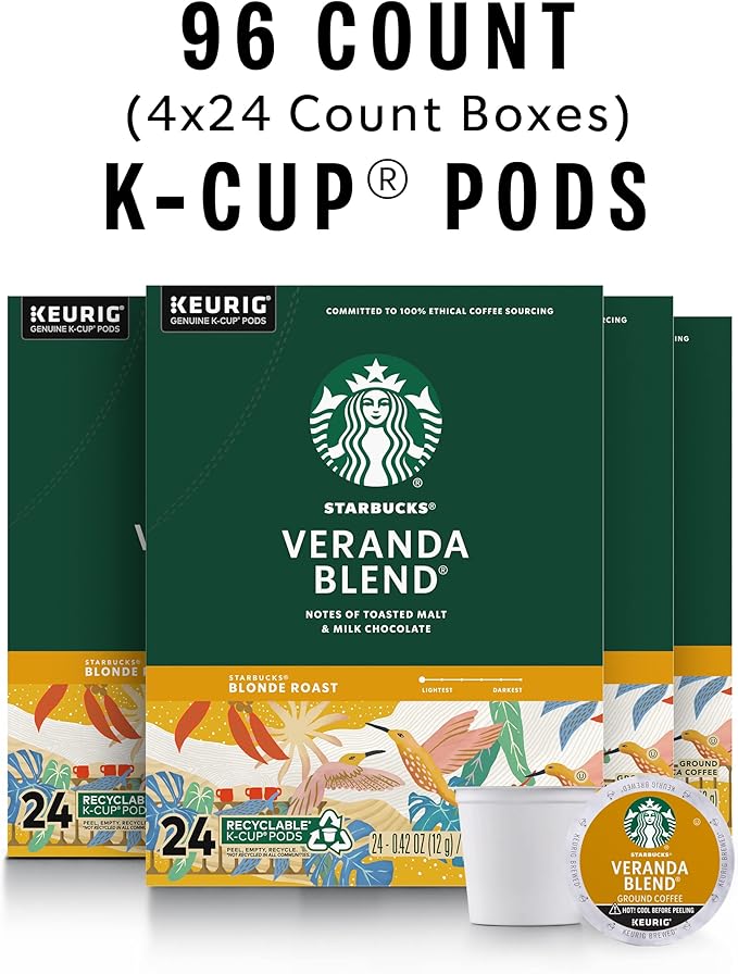 Starbucks K-Cup Coffee Pods, Starbucks Blonde Roast Coffee, Veranda Blend for Keurig Brewers, 100% Arabica, 4 boxes (96 pods total)