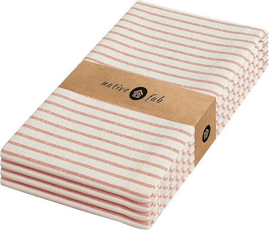 Native Fab 4 Pack Stripe Kitchen Dish Towels - 100% Cotton - 18x26 Inches - Lightweight, Quick Drying, Reusable Kitchen Cleaning Towels with Hanging Loop, Absorbent Hand Towels - Orange