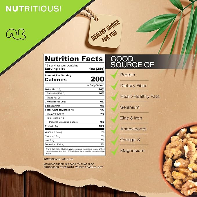 NUT CRAVINGS - Raw Walnuts Halves & Pieces, Unsalted, Shelled, (48oz - 3 LB) Bulk Nuts Packed Fresh in Resealable Bag - Kosher Healthy Snack, Food Assortments Ideal for Trail Mixed Nuts