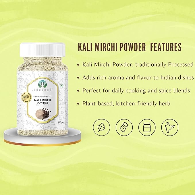 AYURVEDASHREE Black Pepper Powder (Peppercorns), Premium Quality 100gm PET Jar | All Natural | | Non-GMO | Piper nigrum | Indian Spice.