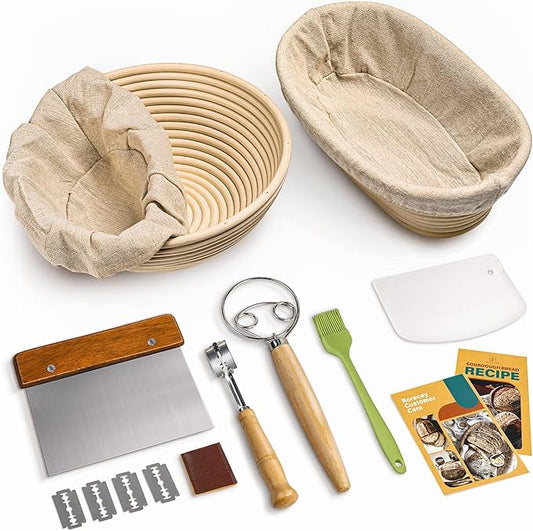 RORECAY Bread Banneton Proofing Basket Set, 9 Inch Round & 10 Inch Oval Cane Sourdough Baskets with Dough Whisk Bread Lame Dough Scraper Bowl Scraper Silicone Brush Sourdough Bread Baking Supplies