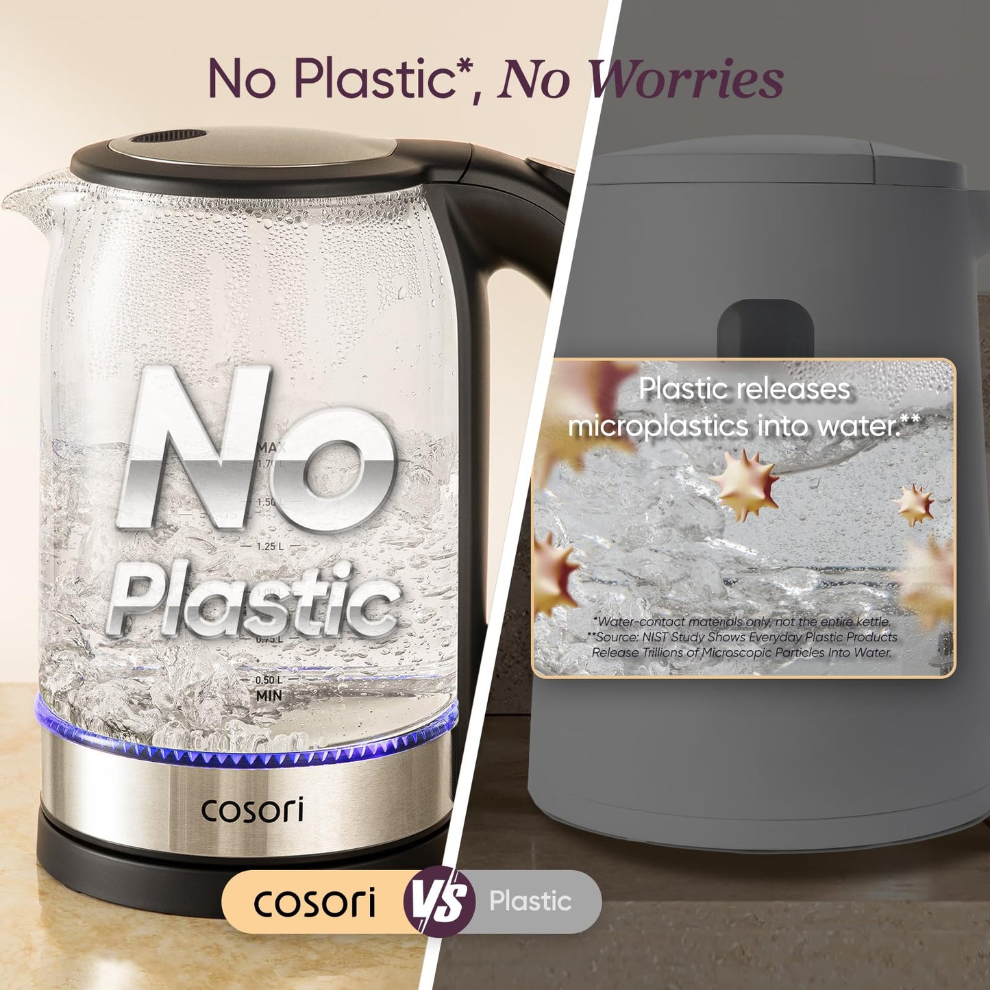Cosori Electric Kettle, No Plastic Contact with Water, 1.7L, Black