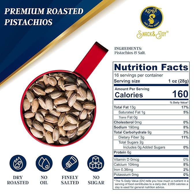 AZNUT Turkish Antep Roasted Salted Pistachios 2 LB, 100% Natural Premium Quality Class A, Non GMO Project Certified, Kosher Certified, Great Snacks, Resealable Bag 2 LB