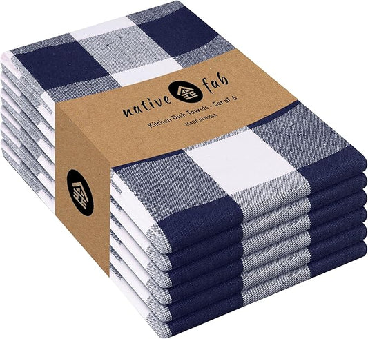 Native Fab 6-Pack Kitchen Towel with Hanging Loop 16x26 inches, Cotton Buffalo Check Kitchen Towels for Cleaning Drying, Washcloths Soft & Absorbent Cloth Rags, Bar Towel, Dish Cloth, Navy