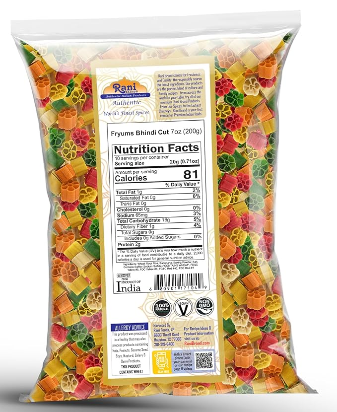 Rani Far Far/Fryums (Wheat & Tapioca Pellet) Bhindi Shape 7oz (200g) ~ Vegan, Kosher, Uncooked, Used to Make Papad, Bhungra/Chip Snack