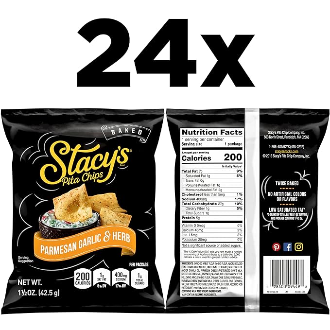 Stacy's Parmesan Garlic & Herb Flavored Pita Chips, 1.5 Ounce Bags (Pack of 24)