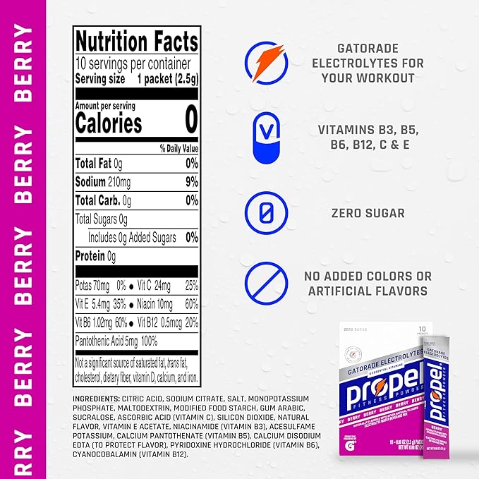 Propel Electrolyte Enhanced Water Drink Mix Powder Packets, Berry, Zero Calorie & Zero Sugar Hydration with Electrolytes and Vitamins C & E (120 Packets)