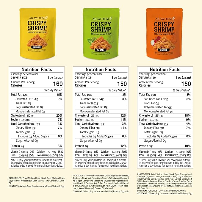 ARAWOOM - 100% Real Black Tiger Shrimp Head Crisps, Variety Pack [2oz, Pack of 3], Crispy Seafood Snack, High-Protein Crunch, Crunchy On-the-Go Treat [Original, Wasabi, Cajun]