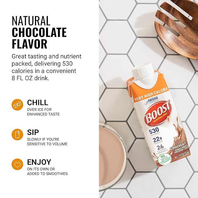 BOOST Very High Calorie Nutritional Drink ??Helps Weight Gain & Maintenance - 530 Calories - 26 Vitamins & Minerals - 22 g Protein - Calorie-Dense Nutritional Drink - Chocolate - 8 fl oz (Pack of 24)