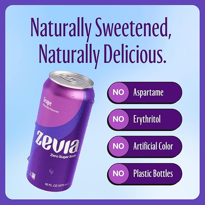 Zevia Zero Sugar Soda, Grape, 16 oz Cans (12-Pack) ??Naturally Sweetened, Non-GMO Project Verified, Gluten-Free, Vegan