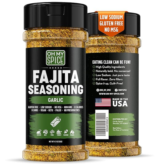 Fajita Seasoning Mix Garlic Powder Seasoning - Gluten Free & Low Sodium Mexican Seasonings Blend for Meat, Vegetables, Steak & Chicken Fajita. Garlic and Herb Fajitas Seasonings Spice. Taco Mix. 4.7oz