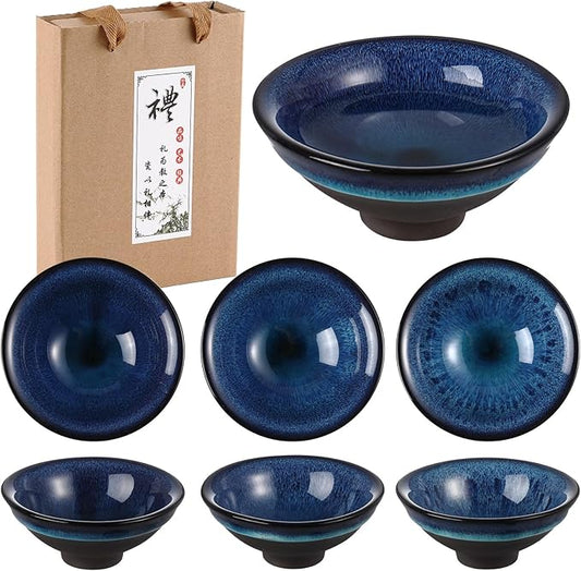 Skyley 6 Pieces Korean Soju Shot Glasses Sets Porcelain Cups Korean Ceramic Cups Tea Accessories Drinkware, Handcrafted Ceramic(Blue,Starry Sky Pattern)
