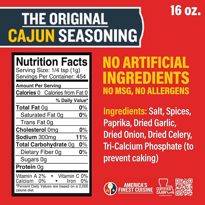 Original Cajun Seasoning - 16 oz Jar, Pack of 4, Low Sodium, No MSG, All Natural - Authentic Louisiana Spice for Grilling and Cooking Fish, Chicken, Steak, Soup, Seafood & Gumbo by Ragin' Cajun