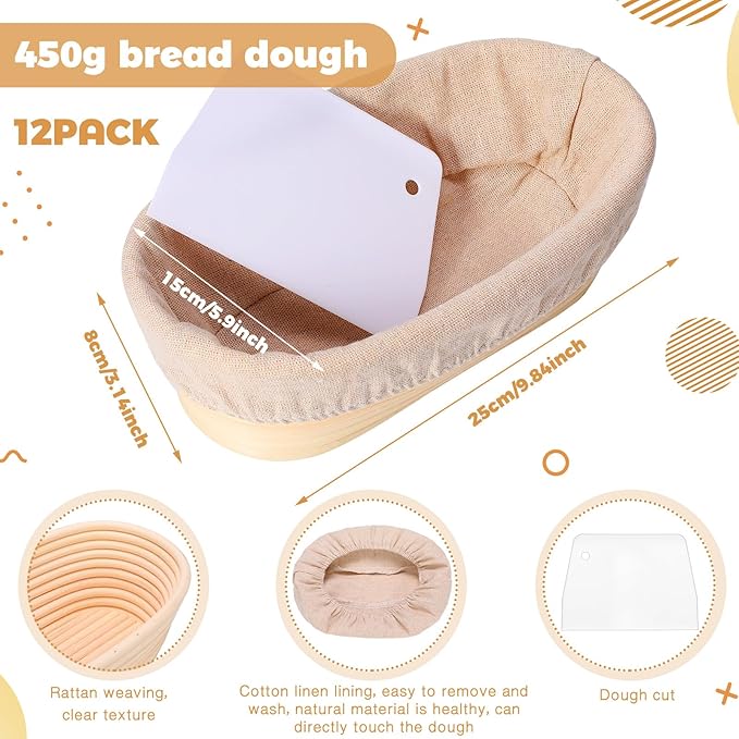 Gejoy 12 Set Bread Proofing Baskets Oval Shaped Banneton Dough Proofing Bowls Kit with Cloth Liner and Plastic Scraper Sourdough Proofing Basket for Home Sourdough Bakers Supplies (10 Inch)