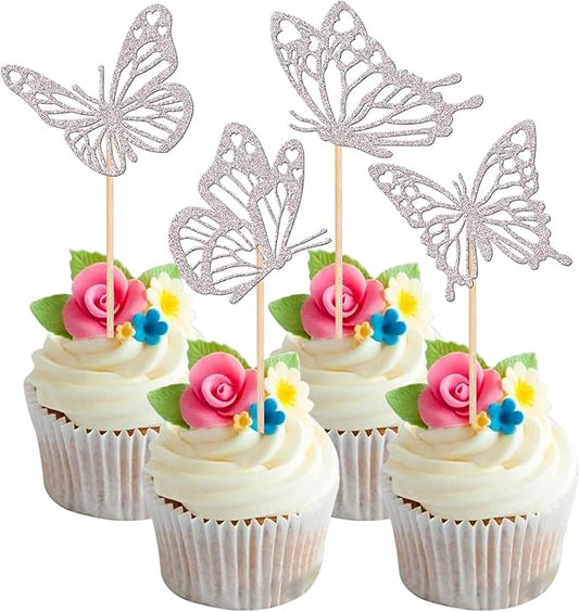 Rsstarxi 24 Pack Butterfly Cupcake Toppers Glitter Assembled Hollow Butterfly Baby Shower Cupcake Picks Wedding Engagement Bridal Shower Kids Birthday Party Cake Decorations Supplies Silver
