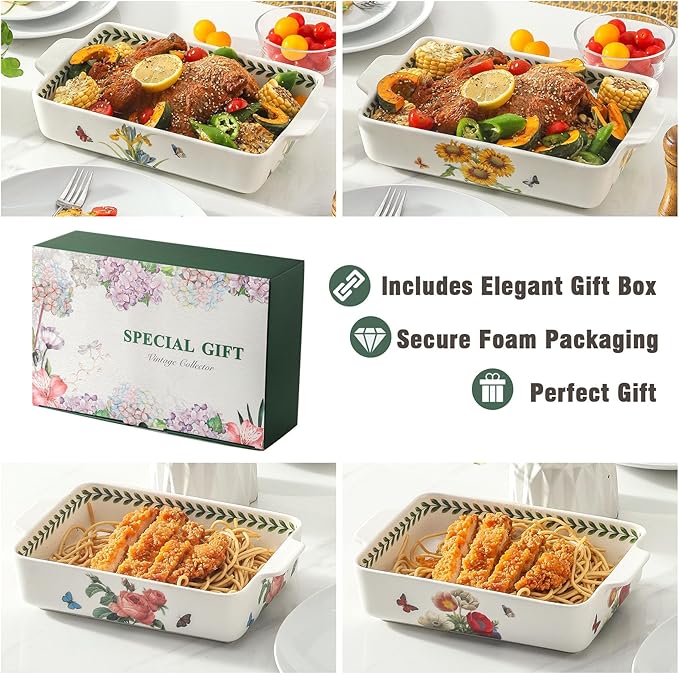 Ceramic Baking Casserole Dish with Handles, Large 8x13 inch & 6x10 inch Pan and Middle Baking Pan - Porcelain Serving Bakeware Set (Iris)