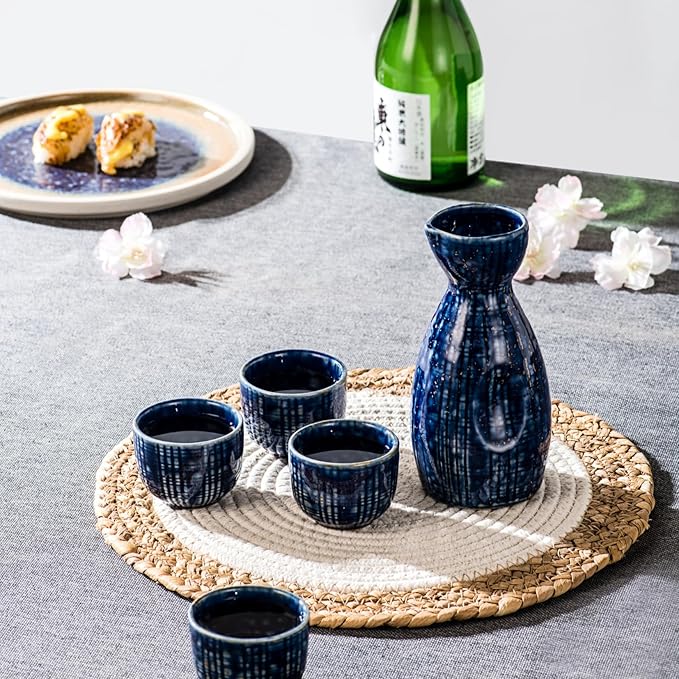 UNICASA Sake Set 5 Pieces,Traditional Sake Cups, Ceramic Cup Crafts Wine Glasses, Include One Sake Bottle 210ml and Four Sake Cups 50ml