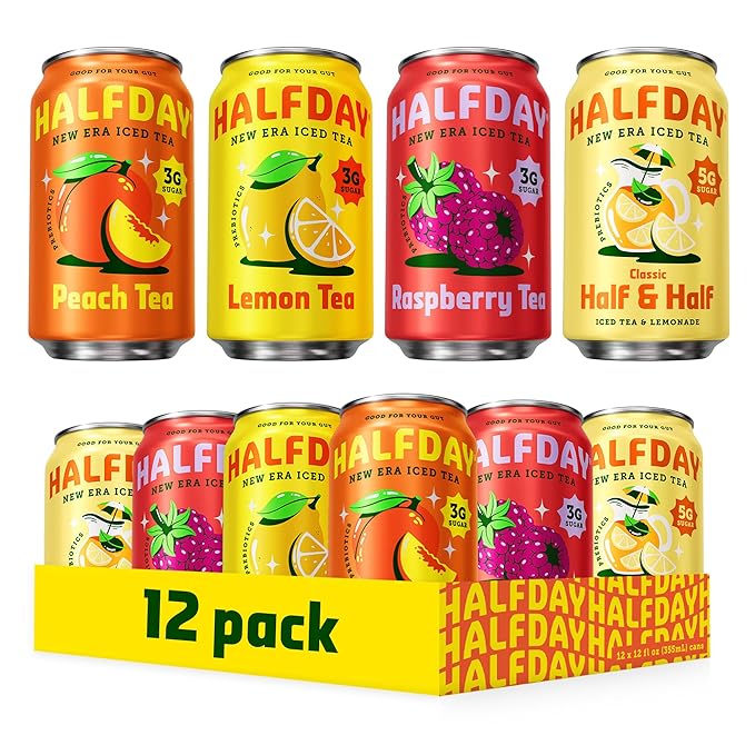 HALFDAY Prebiotic Iced Tea Lemon, Peach, Raspberry and Half & Half Variety Pack, Gut Health, Plant