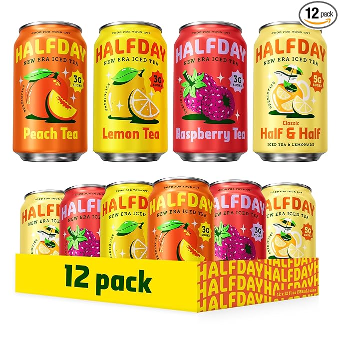 HALFDAY Prebiotic Iced Tea Lemon, Peach, Raspberry and Half & Half Variety Pack, Gut Health, Plant