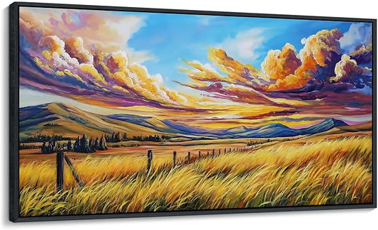QZQCBLC Large Framed Wall Art, Rustic Grass Mountain Clouds Yellow and Blue Fall Landscape Canvas Print Wall Pictures Paintings Artwork for Living room Bedroom Home Office Artwork Decor 29x58 IN