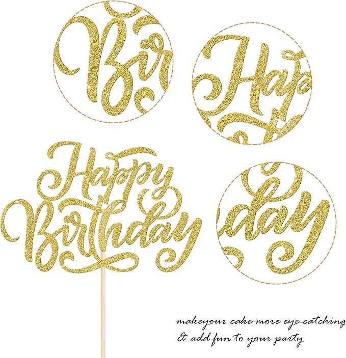 Rsstarxi 1 Pack Golden Glitter Happy Birthday Cake Topper Birthday Cake Pick Men Women Birthday Cake Decorations for Happy Birthday Theme Anniversary Party Cake Decorations