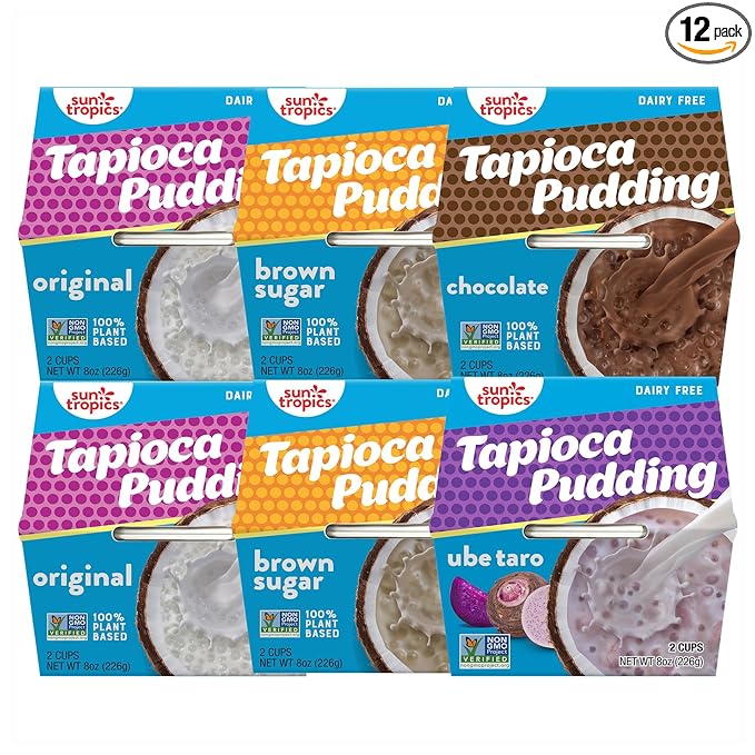 Sun Tropics Tapioca Pudding, Variety Pack | Vegan Dairy Free Pudding | Gluten Free, Non-GMO Project Verified | Ready-to-Eat Cups | 4oz (Pack of 12)