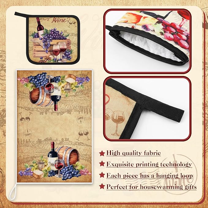 Bencailor 8 Pcs Kitchen Towel Pot Holders and Oven Mitts Set Kitchen Decoration 4 Dish Towels 2 Retro Oven Mitts 2 Potholders for Housewarming Gift Cooking Baking Grilling(Red Wine,Vintage Color)