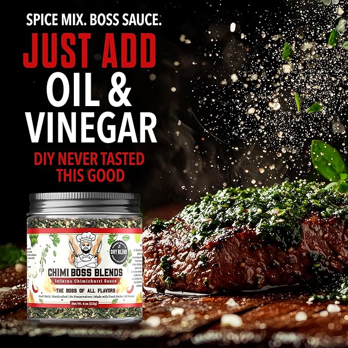 Chimi Boss Blends Infierno Chimichurri Dry Seasoning, 4 oz – Spicy Argentinian Herb & Chili Rub with Parsley, Garlic & Oregano – All Natural Dry Mix for Seasoning or DIY Sauce – Made in USA
