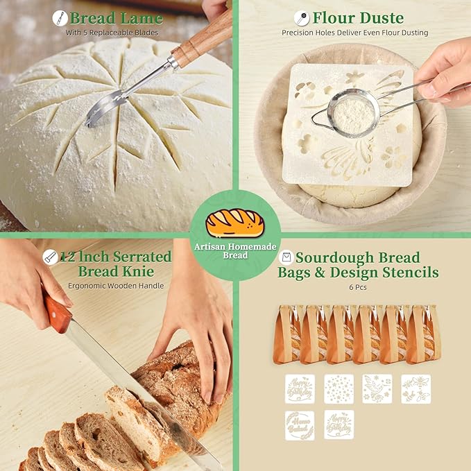 Sourdough Bread Baking Supplies with Pot, Complete Sourdough Starter Kit with Scale, 4 Bread Proofing Basket, 1200ml Starter Jar, Scraper, Bread Making Tools & More (Green)