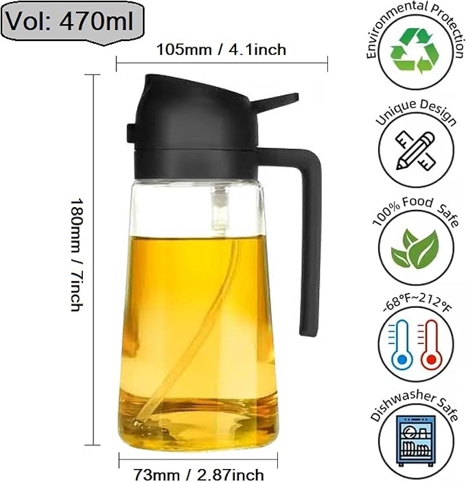 Oil Sprayer for Cooking 2 in 1, 470ml/16oz, Oil Spray & Dispenser Glass Bottle, Food-grade material for Kitchen, Salad Dressing, Frying, Air Fryer & BBQ (Black)