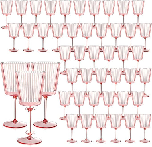 48 PCS Pink Plastic Wine Glasses with Removable Stems 13.5 Oz Pink Ribbed Wine Glasses Square White Wine Glass Muted Pastel Colors Goblets Elegant Fluted Glassware for Wedding Anniversary Birthday