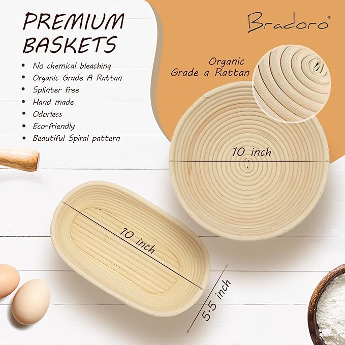 Banneton Bread Proofing Basket Set, 10 Inch Oval & 10 Inch Round Whicker Bread Proofing Baskets with Sourdough Bread Baking Supplies, Bread Making Kit Decorators Edition