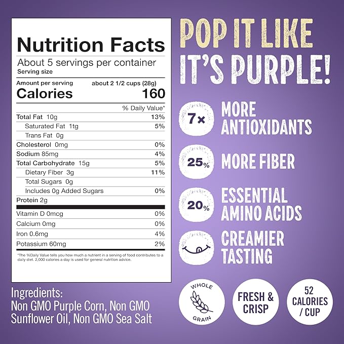 Purplesful Purple Corn Popcorn, Silkier, Creamier & Healthy Popcorn, Vegan-Friendly, Non-GMO, Flavorful Popped Corn Gourmet Snack, Sea Salt, Big Bulk Pack - 4.8 Oz Per Pack (Pack of 3)