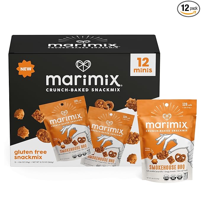 Marimix Snack Mix | Crunch Baked Sweet & Salty Savory Plant Based Naturally Gluten Free Whole Grain Fiber Charcuterie Pretzel Trail Party Mix | No Artificial Ingredients | 12 Count (Mini Smokehouse BBQ)