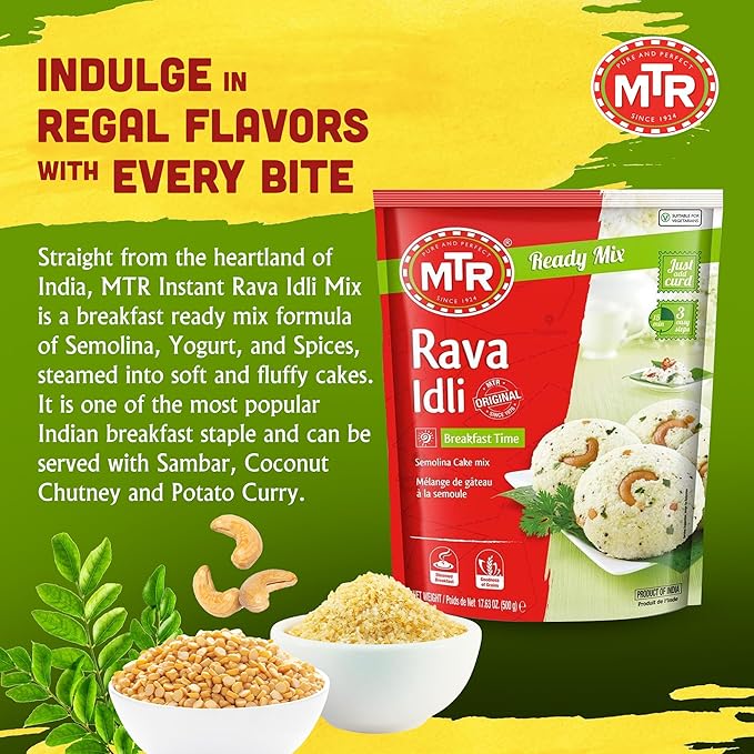 MTR Instant Rava Idli Mix - Ready to Cook Authentic Indian Breakfast, Lunch, Dinner or Snack Meal - No Added Preservatives - A Quick & Easy Recipe Suitable for Vegetarians - (500g, Pack of 2)