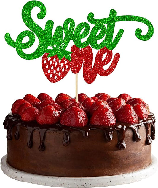 1Pc Strawberry 1st Birthday Cake Topper Red Glitter Sweet One First Birthday Strawberry Cake Pick Decoration for Sweet Fruit Theme Baby Shower Kids Birthday Party Supplies