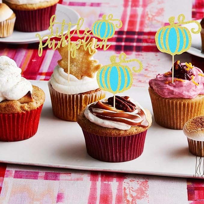 24Pcs Little Pumpkin Cupcake Toppers Fall Pumpkin Cupcake Picks for Thanksgiving Halloween Baby Shower Kids Birthday Party Cake Decorations Supplies - Bule Glitter